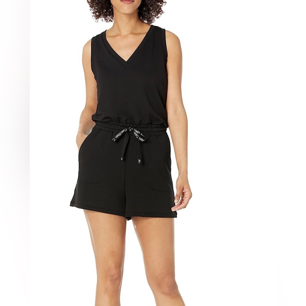 Calvin Klein Women’s Casual Short Sleeve Tank Romper, V Neck, Black - Medium